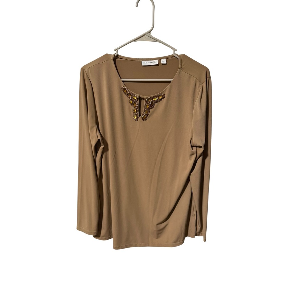 Susan Graver Size Medium Liquid Knit Embellished Neckline Top Long Sleeve Blouse